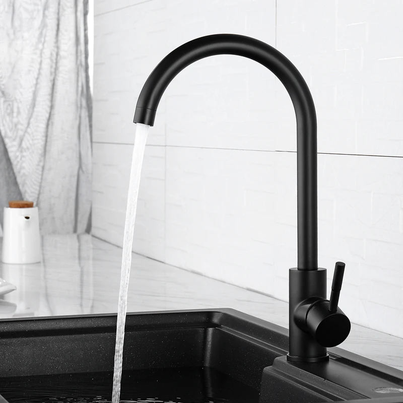 

Black Kitchen Faucet 360 Degree Rotate Spout Single Hole Sink Mixer Water Tap Soild Stainless Steel High Arc Design