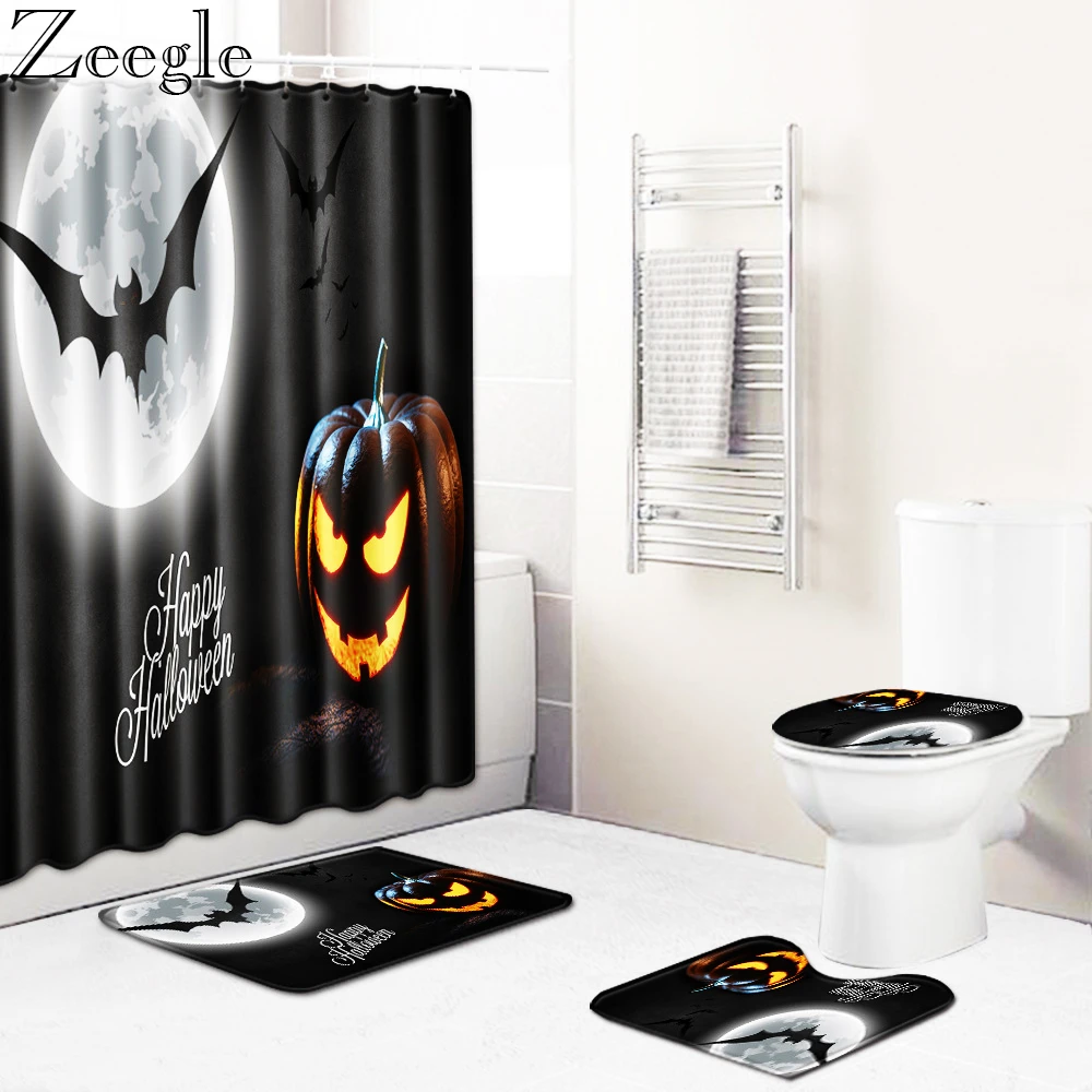 4pcs Halloween Bath Curtain Shower Curtain Absorbent Bathroom Rug Set Shower Mat Washable Toilet Rug Anti Slip Bath Mat Set Bath Mats Aliexpress