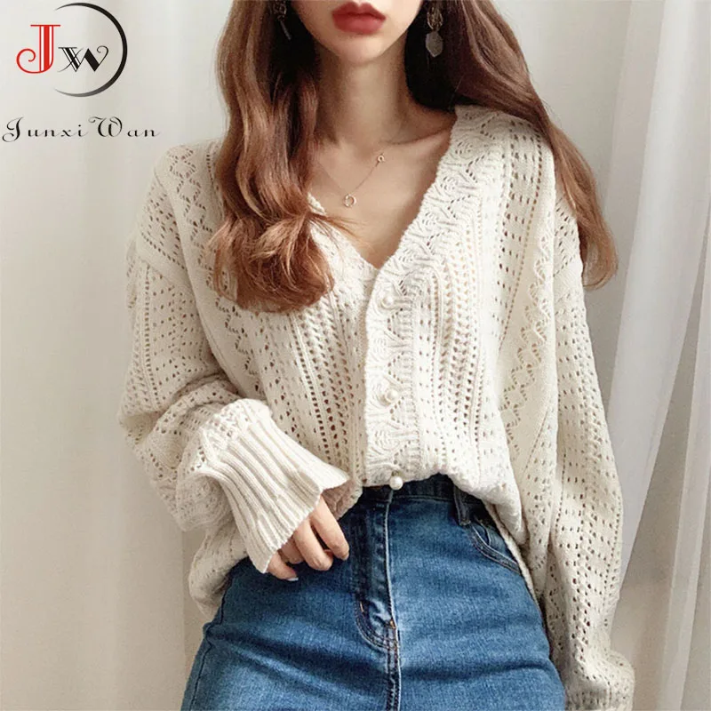 Cárdigans de punto de manga larga para mujer, suéter elegante con cuello de pico, Tops sexys, abrigo informal
