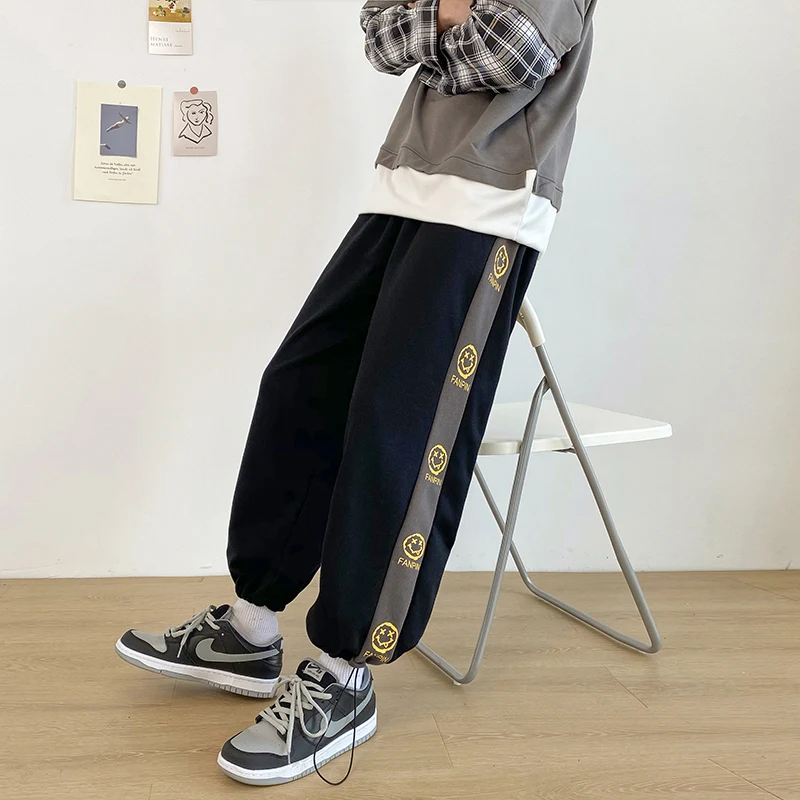 Fashion Mens Vintage Washed Hip Hop Smile Face Printed Loose Fit Pants Harajuku Urban Style Trousers Male joggers sport