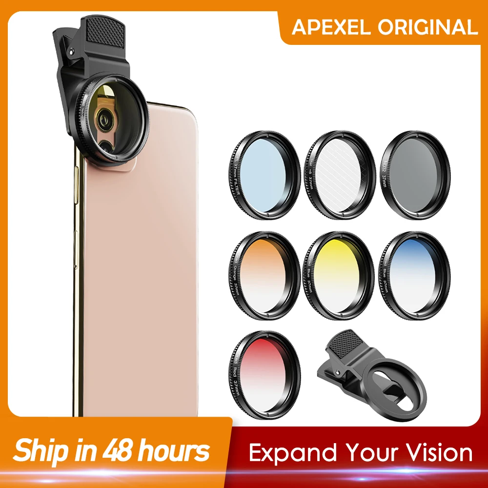 APEXEL 7in1 Gradient Filter Kit Red Yellow Color ND32 CPL Star Camera Lens Filter With 37mm clip for smartphones 37UV-G android camera lens Lenses