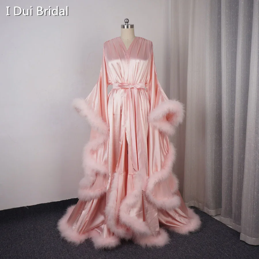 

Satin Feather Robe Long Sleeve Long Night Robe Masquerade Dance Dress Homecoming Dress