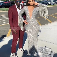 Блестящие Блестки Русалка кисточкой Серебряные платья выпускного вечера с длинными рукавами размера плюс глубокий v-образный вырез африканские вечерние платья для выпускного вечера торжественное платье