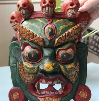 

mrui Chinese Buddhism handwork Old Wood Carve Painted Mahakala Buddha Head Face Mask