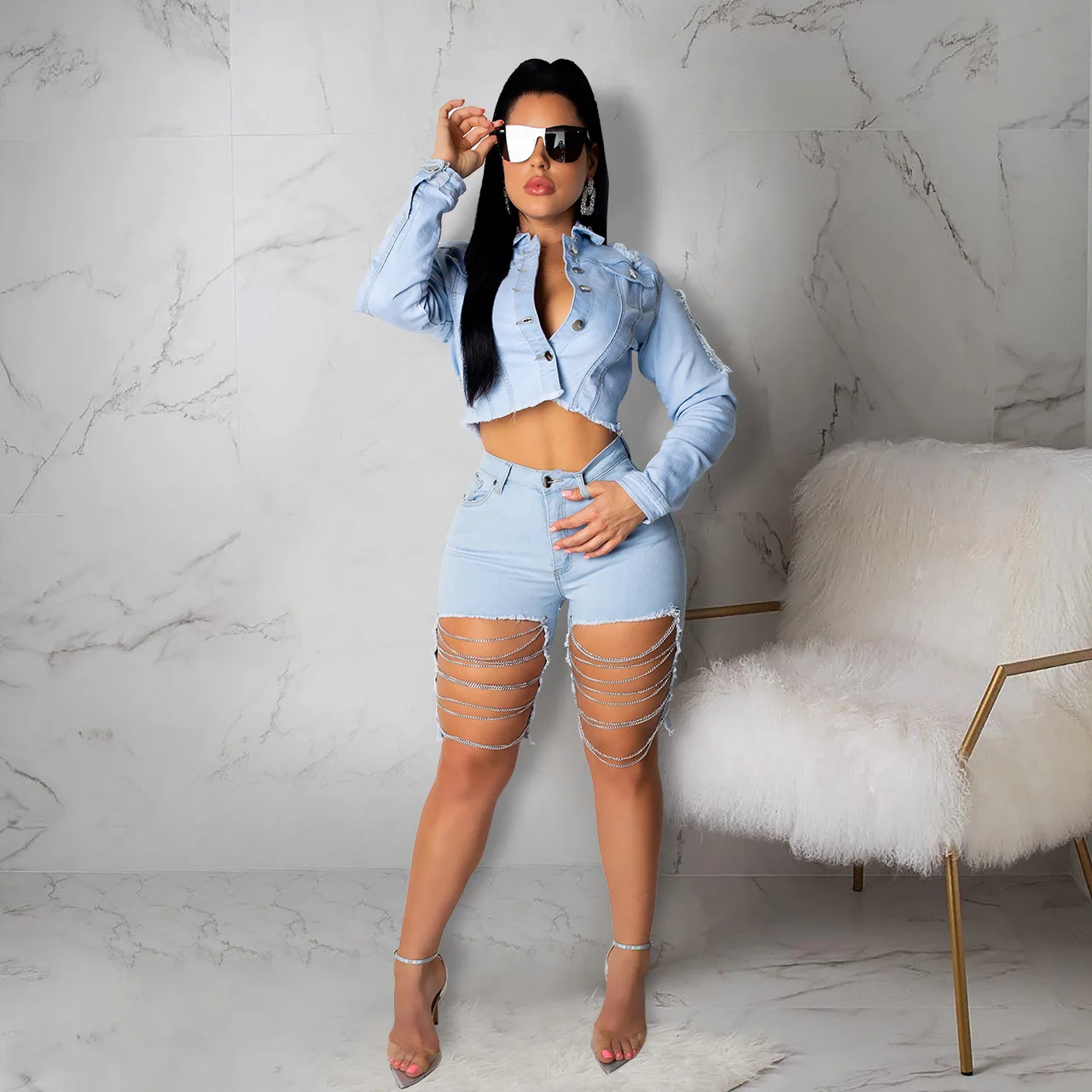 

AHVIT New Style Hollow Out Fashion Women Denim Pants Hight Waist Front Short Back Long Short Pants ME-Q237