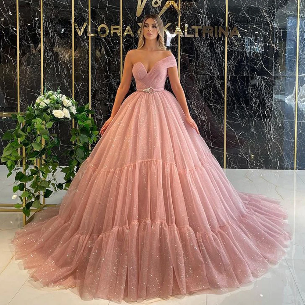 Vestido de gala Rosa rubor, Vestidos de Noche tul escalonado con purpurina, un hombro, para fiesta graduación, con faja de cuentas| Vestidos de noche| - AliExpress