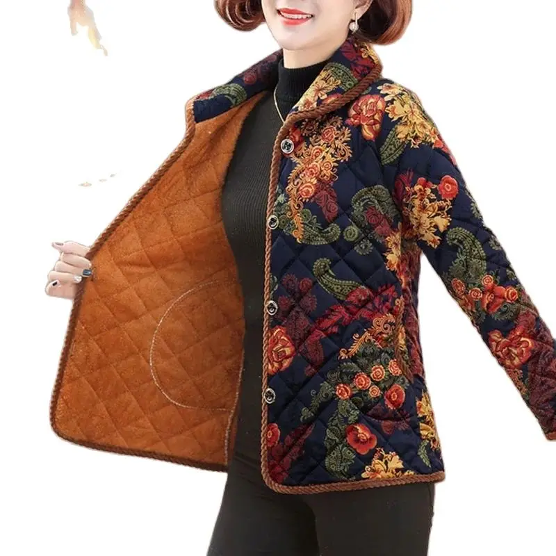 

Middle-Aged Elderly Mothers Spring Autumn Thin Cotton Keep Warm Down Cotton Clothes Add Velvet Small Padded Jacket Female Coat