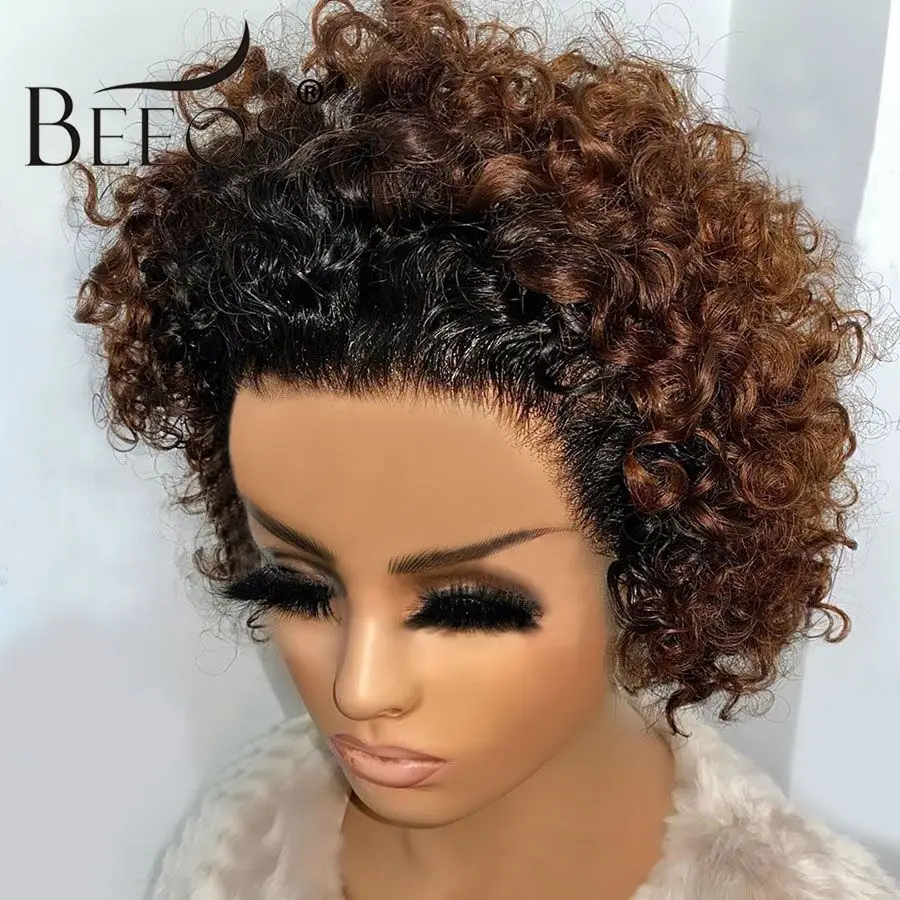 Beeos Short Curly 250% Pixie Cut Bob Wig 13*2 Lace Front Human Hair Wigs Brazilian Remy Human Hair Pre Plucked With Baby Hair