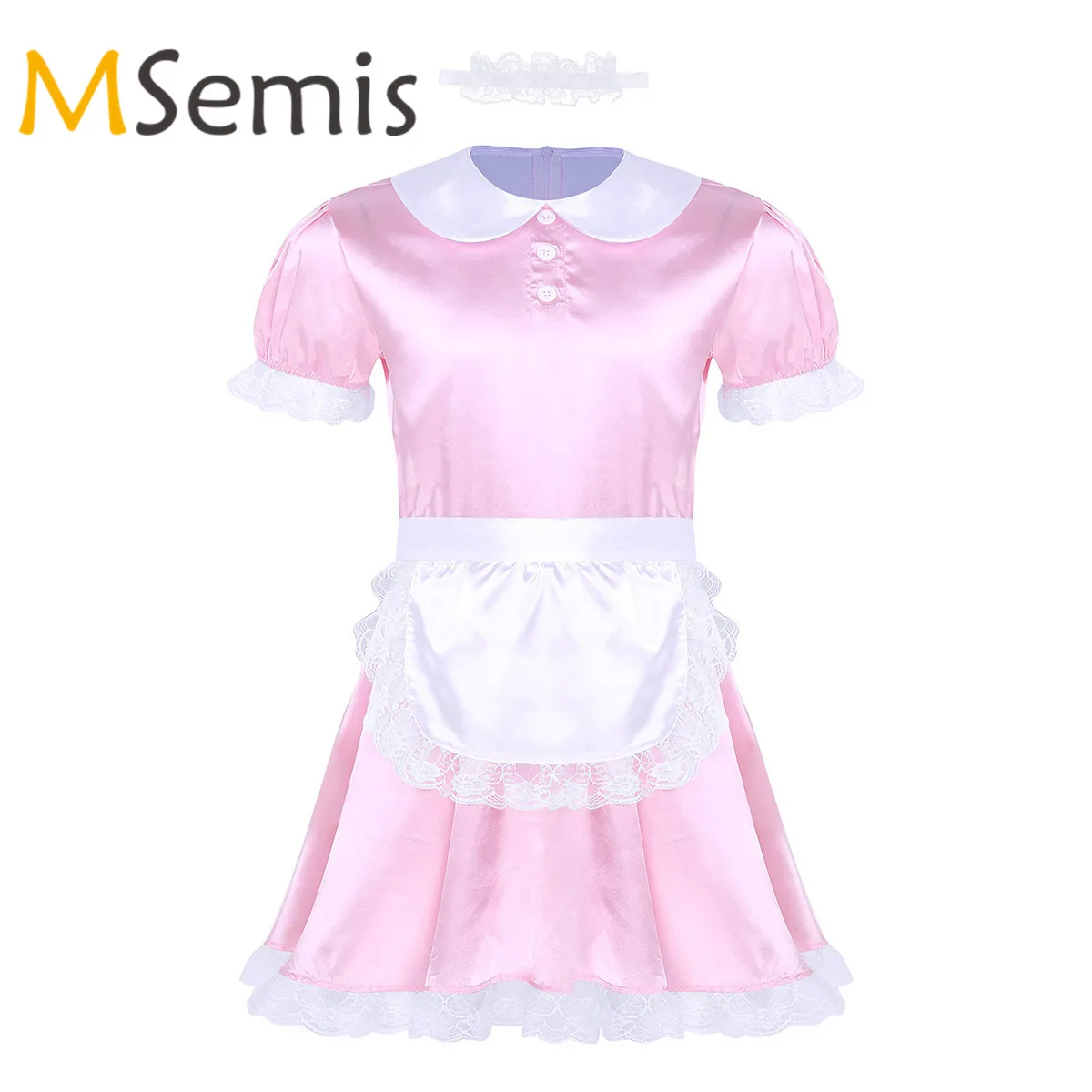 

Mens Sissy Crossdresser Girl Maid Dress Doll Neck Hot Satin Dress with Headband and Apron Sissy Lingerie Cross Dress Bodysuit