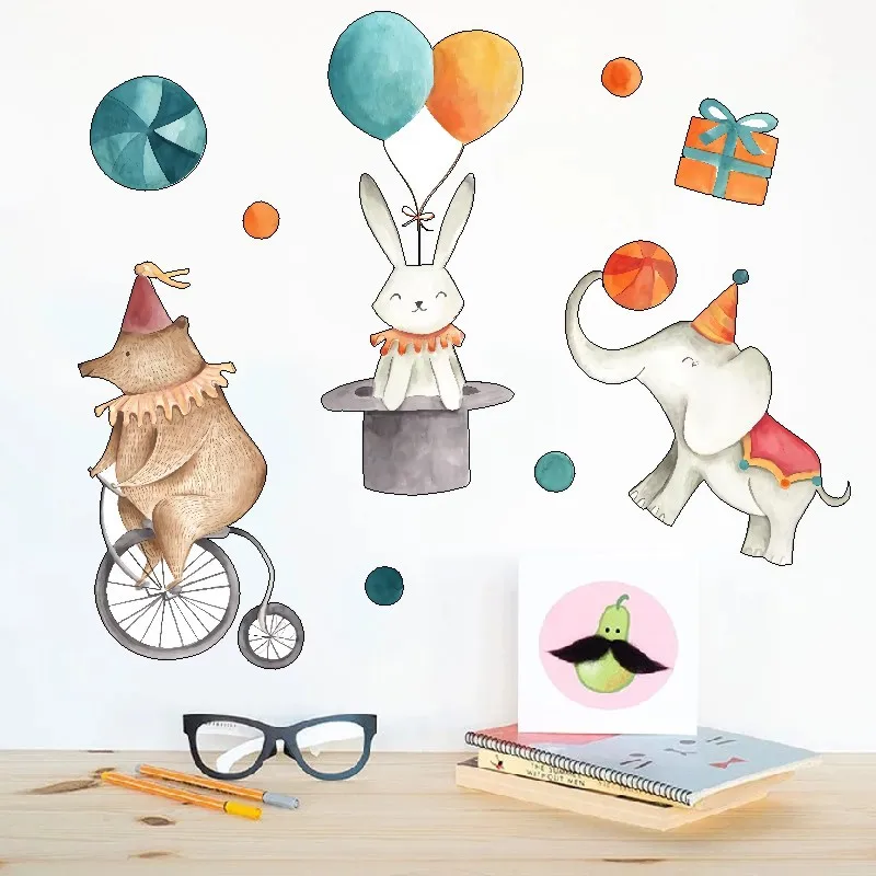 

New Cross-border Creative Cartoon Animal Wall Stickers Elephant Rabbit Circus Children's Room Decorated PVC