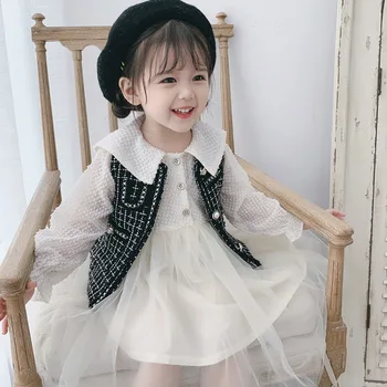 

2020 new autumn dress girl's small fragrance suit small and medium sized girl baby Korean foreign style yarn dress set 1-83