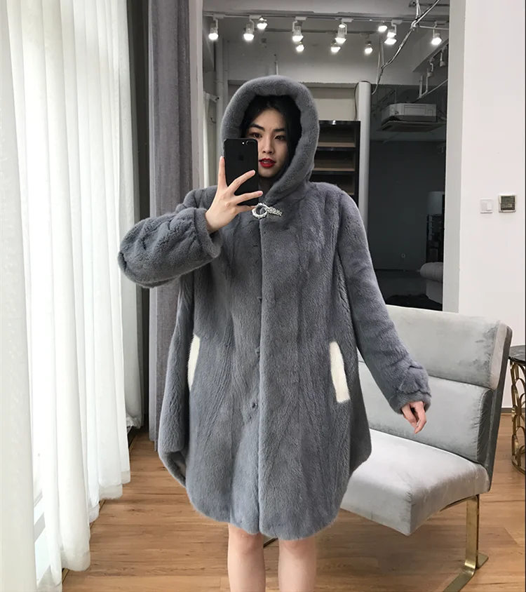Copenheng норковая Женская длинная Шуба с капюшоном, Зимняя Толстая теплая Женская норковая шуба