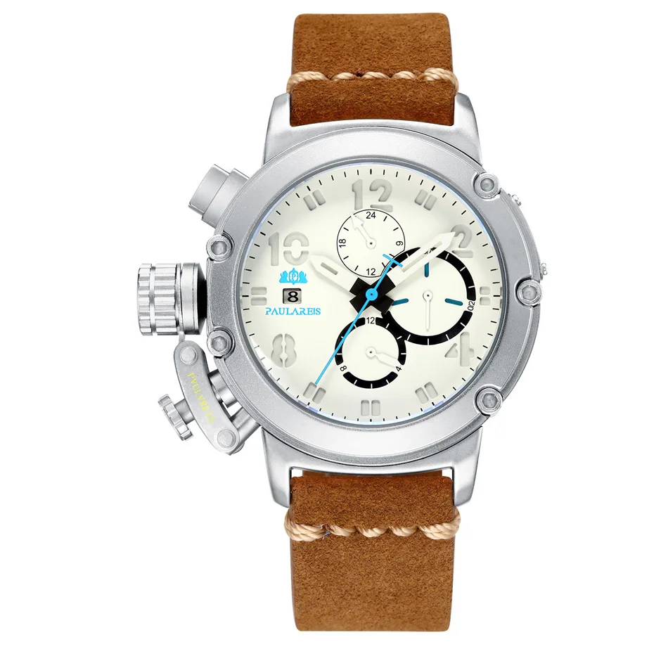 Silver White Blue Автоматические Механические Многофункциональные мужские часы из натуральной коричневой кожи с подсветкой и датой и месяцем - Цвет: Silver White Blue