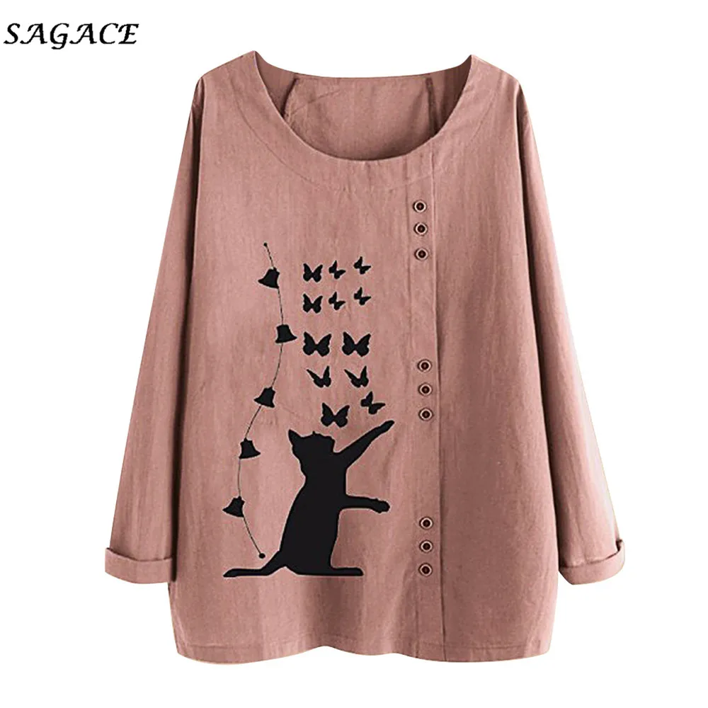 Sagace Clothes Women Sweatshirt Cat Print Line Cotton Button Plus Size o-neck Blouses Tops Long Sleeves Loose Girls | Женская одежда
