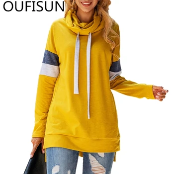 

Oufisun 2020 Autumn Winter New Full Sleeve Sweatshirts Fashion Turtleneck Patchwork Pullovers Casual Lace Up Womens Sweatshirts