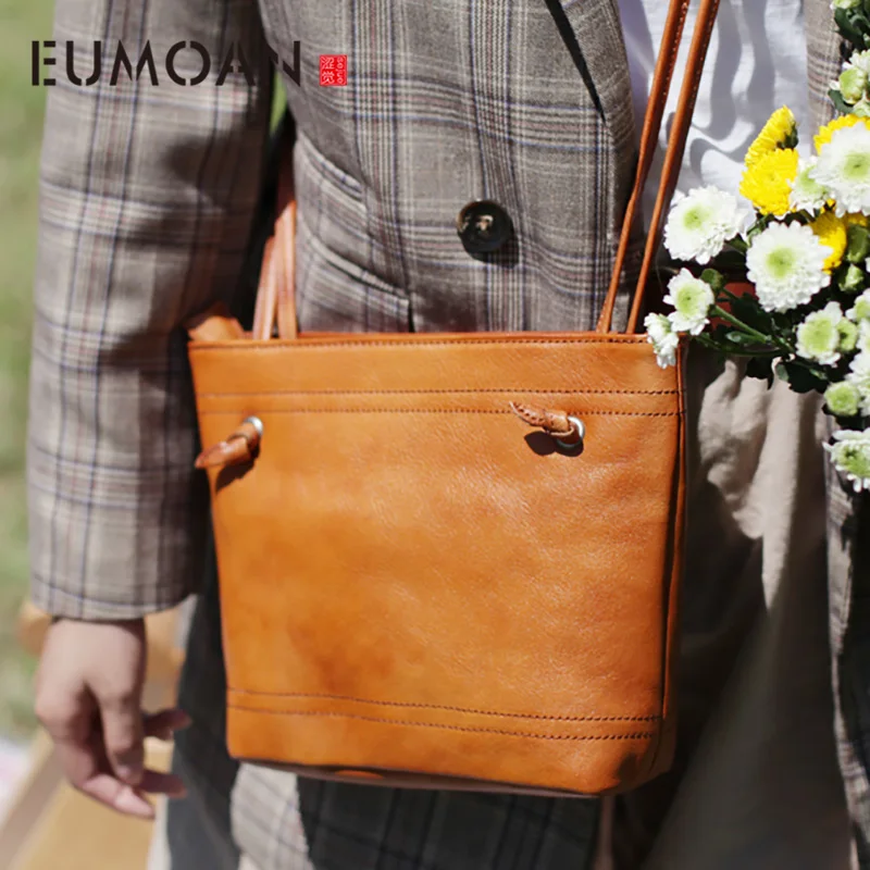 

EUMOAN With zippered large-capacity women's bag, national wind shoulder bag, casual sloping retro bucket bag