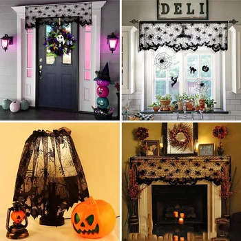 

Home Knitted Curtain Cover Light Decorative Halloween Lace Party Indoor Atmosphere Spider Bat Living Room Lamp Shade With Ribbon