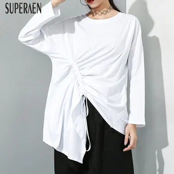 

SuperAen Europe T Shirts Women Cotton Casual 2019 Autumn and Winter New Ladies T Shirts Round Neck Solid Color Tops Female