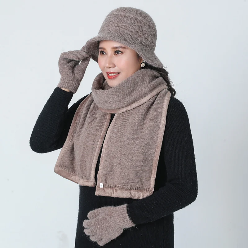 SUOGRY New Women's Knitted Hat Female Solid Color Scarf gloves And Hat Set Winter Rabbit Thick Fur Warm Beanies Ms. Middle Caps - Цвет: khaki