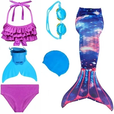 Детский купальник с хвостом русалки и монофином для девочек; комплект бикини для костюмированной вечеринки; костюм на Хэллоуин для детей; Рождественский подарок для девочек - Цвет: Blue 41 set 2
