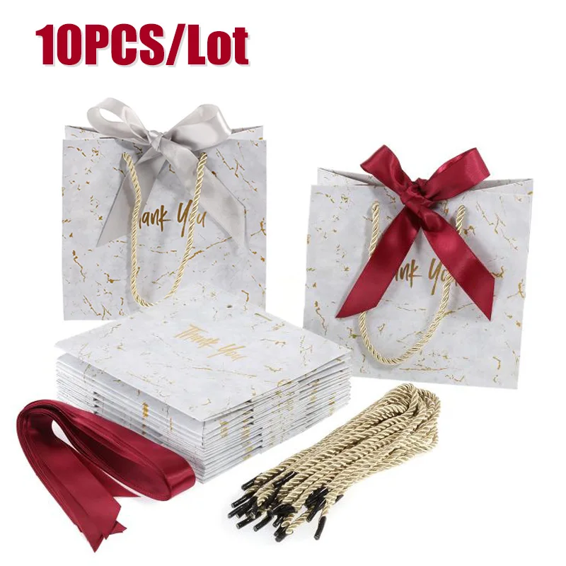 

10 шт., мраморные подарочные пакеты с лентами