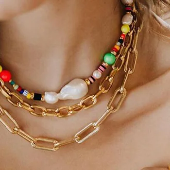 

Punk Multi Layered Imitation Pearl Choker Necklace Collar Statement Colorful Beads Pendant Necklace Women Jewelry