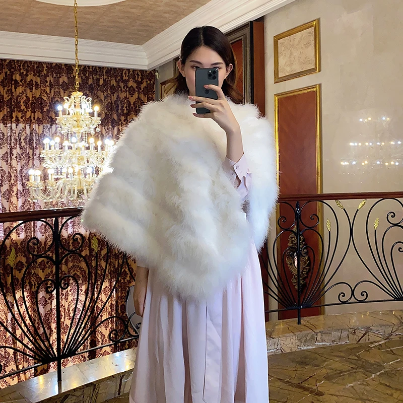 Estola de blanca hecha a mano, chal de piel de pluma de avestruz real, abrigos de piel, Poncho, capa, envolturas de mujer| - AliExpress