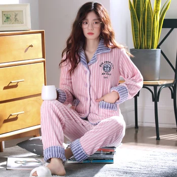 

Striped Flannel Pajamas Set Winter Warm Women Sleepwear Nightwear Thick Coral Fleece Sleep Set 2PCS Shirt&pant Casual Homewear