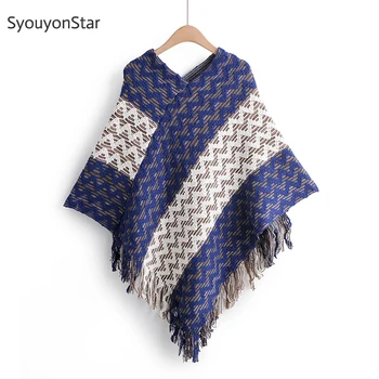 

SyouyonStar Women Vintage Cloak Sweater Blue Spliced White Jumpers Irregular Tassel Sweaters 2019 Pullovers