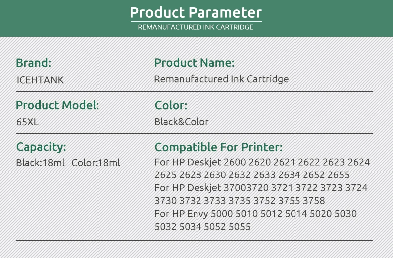 Icehtank 65XL Ink cartridge Compatible for hp 65 XL for hp65 Envy 5010 5020 5030 5032 5034 5052 5055 2622 2624 2652 Printer