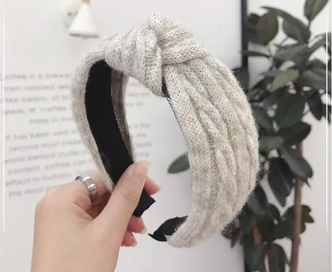 Gray White Шерстяная плетеная повязка на голову женская зимняя вязаная повязка на голову с узлом центр однотонная хлопковая резинка для волос для взрослых зимний головной убор - Цвет: Gray White