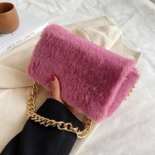

Small Soft Faux Fur Flap Crossbody Messenger Bags Thick Chain for Women 2021 Winter Simple Solid Shoulder Handbags Purses