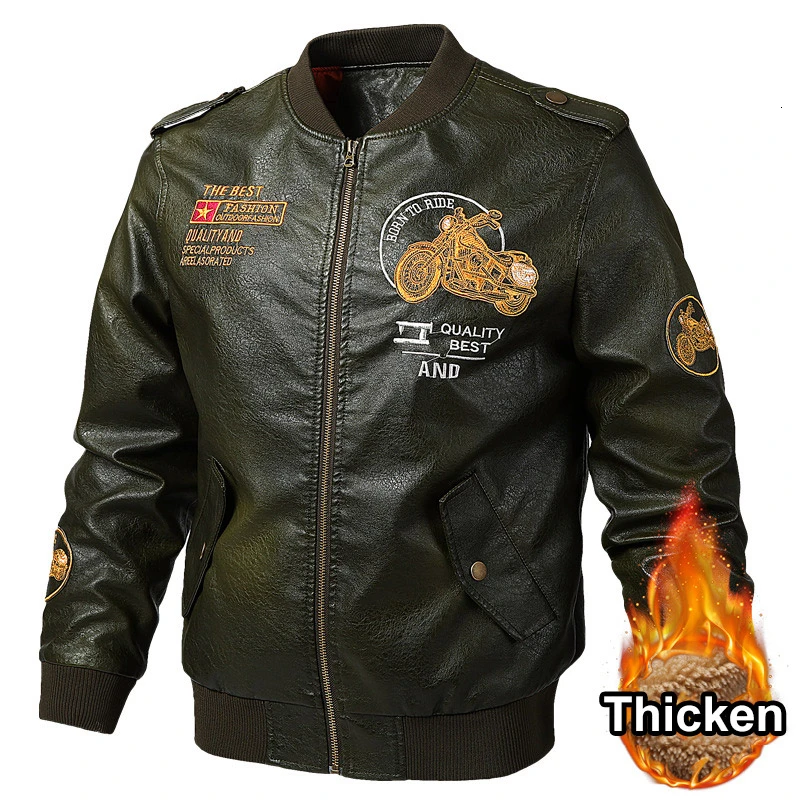 Мужская мотоциклетная куртка зимние кожаные куртки Мужская Верхняя одежда толстые теплые пальто военный винтажный искусственная кожа куртка Jaqueta Couro 5XL - Цвет: Green Thicken