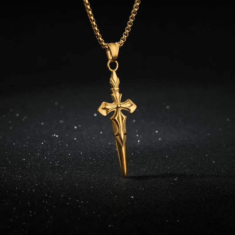 Золотое ожерелье с кулоном в виде меча для мужчин, цепочка с крестом, длинное колье из нержавеющей стали, ожерелье s, ювелирное изделие, подарок, ожерелье Largos Mujer