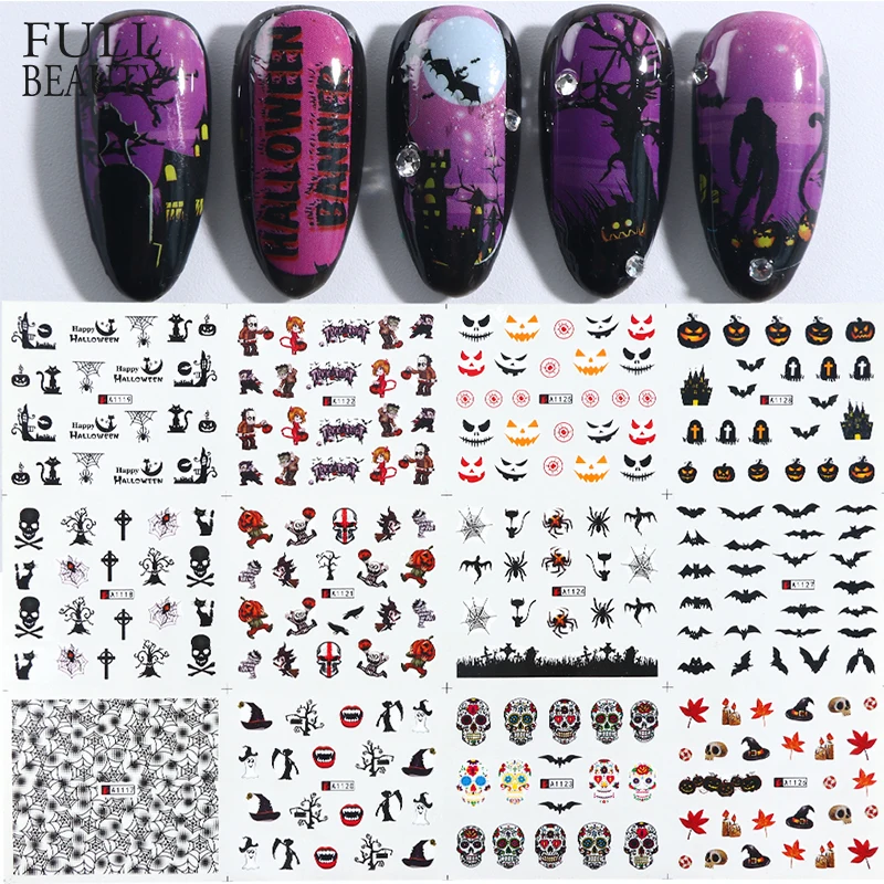 

12pc Halloween Nail Water Decals Spider Witch Bat Crown Slider Decoration for Nail Art DIY Party Polish Sticker Set CHA1117-1128