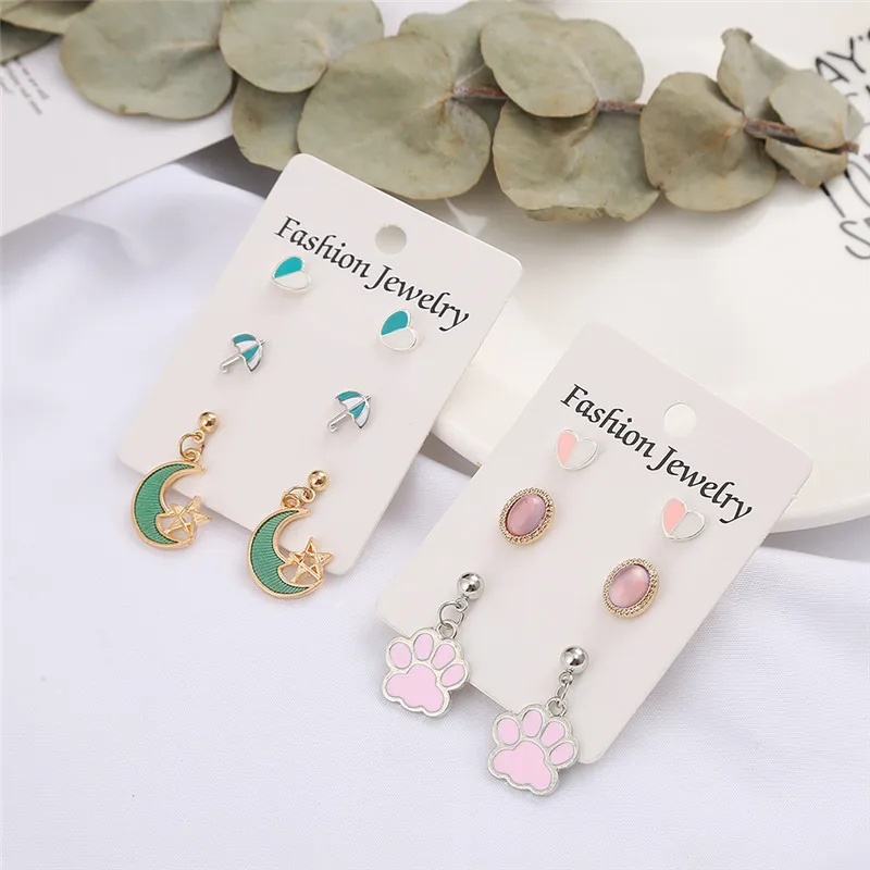 

Htzzy 2019 New Fashion Earrings Green Pink Drop Earrings for Women Heart Footprint Moon Earring Cute Jewelry 3 Pairs/set