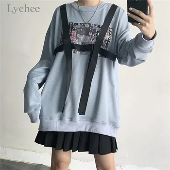 

Lychee Harajuku Devil Girl Print Ribbon Patchwork Women Sweatshirts Spring Autumn Lady Tops Casual Loose O-neck Female Pullovers