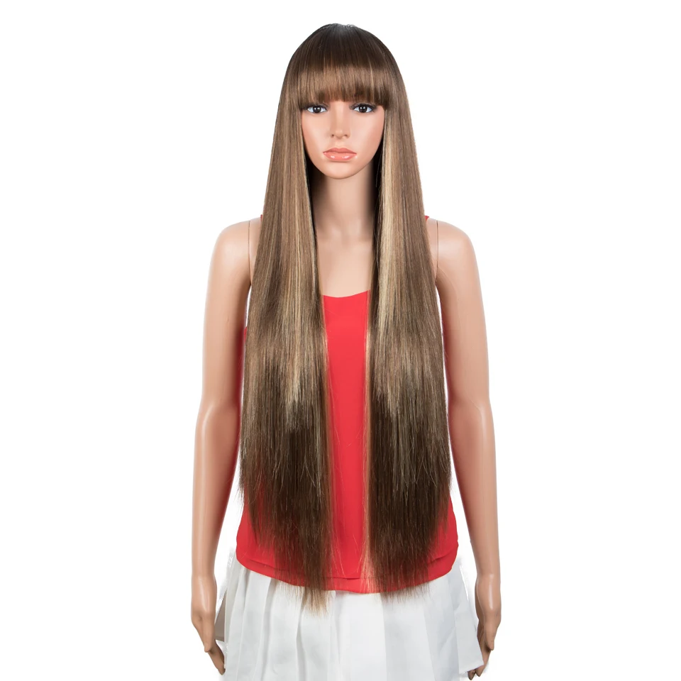FASHION IDOL Synthetic Wig With Bangs 36 Inch Long Straight Wig Cosplay Ombre Blond Wigs For Black Women Heat Resistant Fiber