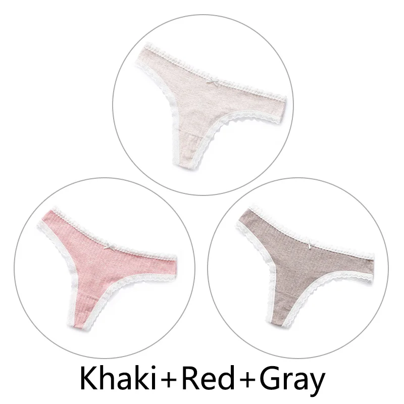 Khaki Red Gray 3 шт., сексуальные женские кружевные стринги, хлопок, бесшовные стринги, нижнее белье, мягкое женское нижнее белье, шелковое антибактериальное белье - Цвет: Khaki Red Gray