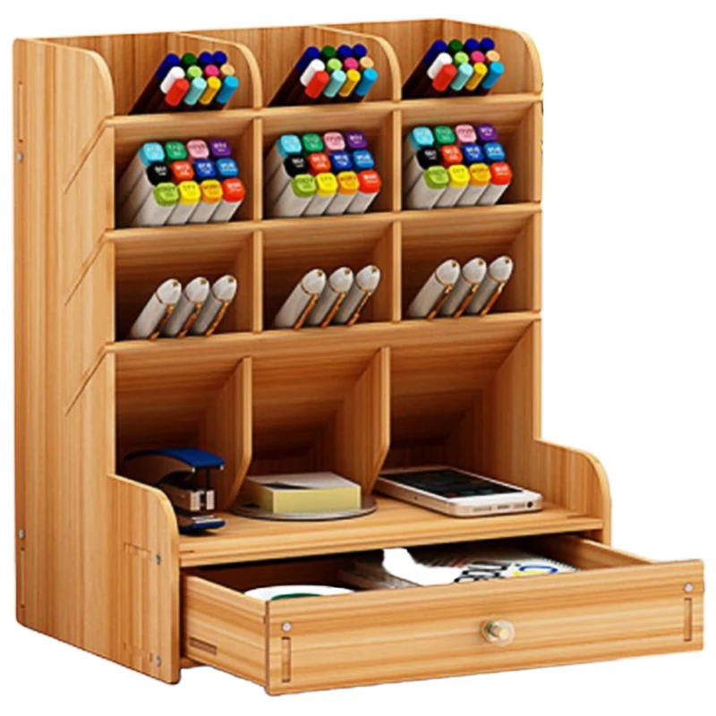 Good Offer of  Multifunctional Wooden 13 Grid Desktop Bracket Pen Holder Pencil Storage Box Pencil Pen Makeup Brus