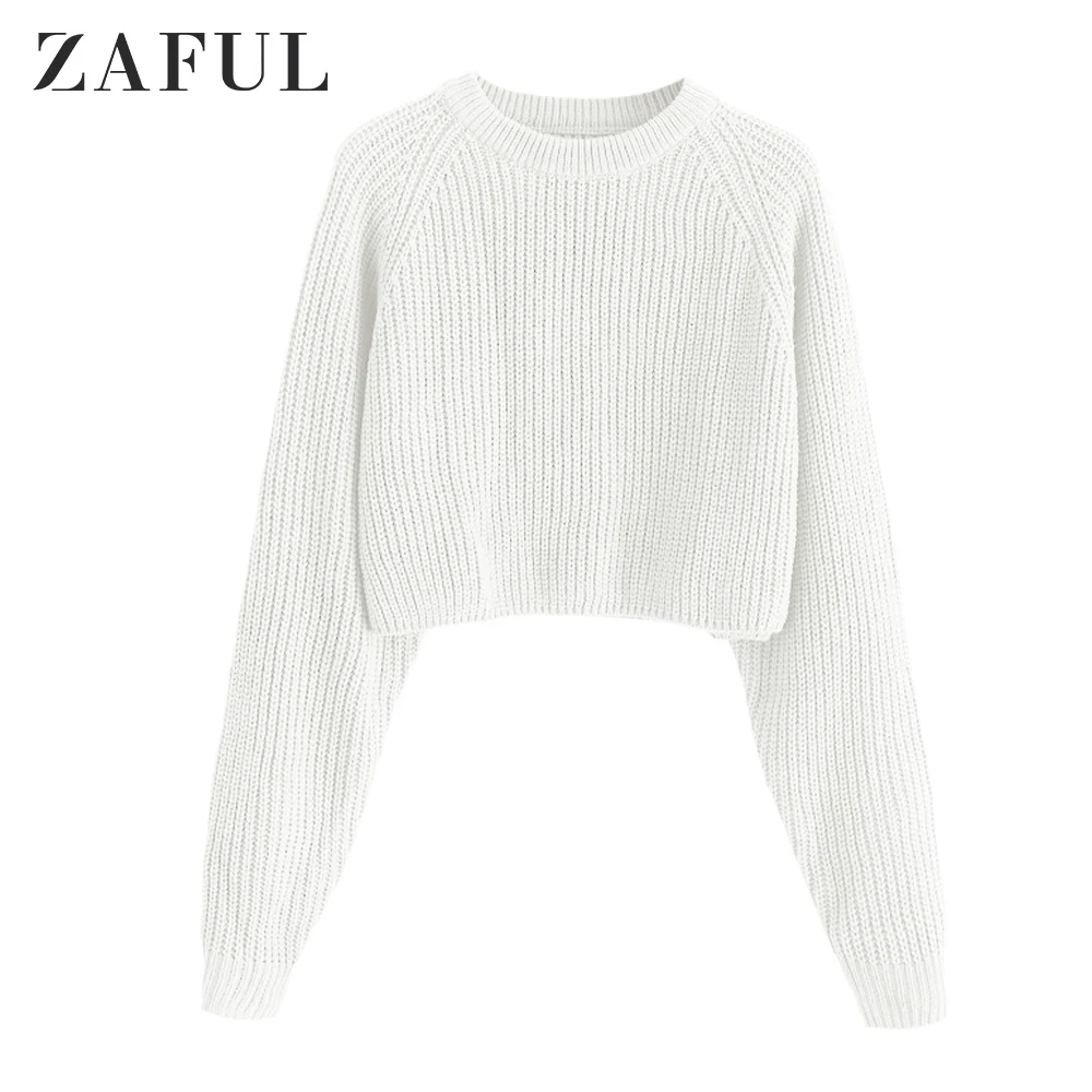ZAFUL Women Crop Sweaters Knitted Women'S Pullovers Female O Neck Raglan Sleeve Short Warm Sweaters Fall Winter