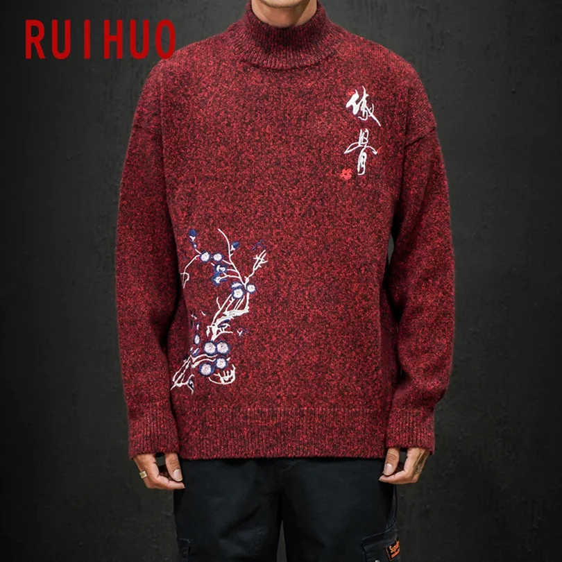 RUIHUO китайский сливовый зимний свитер с вышивкой, мужской Рождественский свитер, мужское зимнее пальто, пуловер и свитеры для мужчин, осень, 5XL