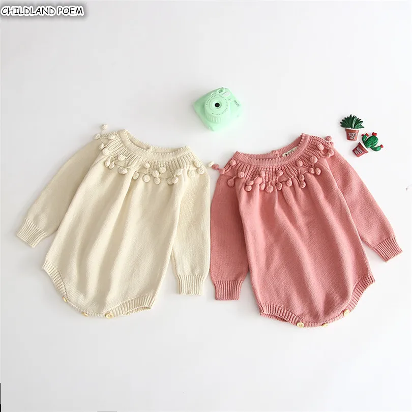 

Knitting Baby Romper Autumn Newborn Baby Clothes Handmade Pompom Long Sleeve Baby Girl Boy Romper Infant Girl Jumpsuit Onesie
