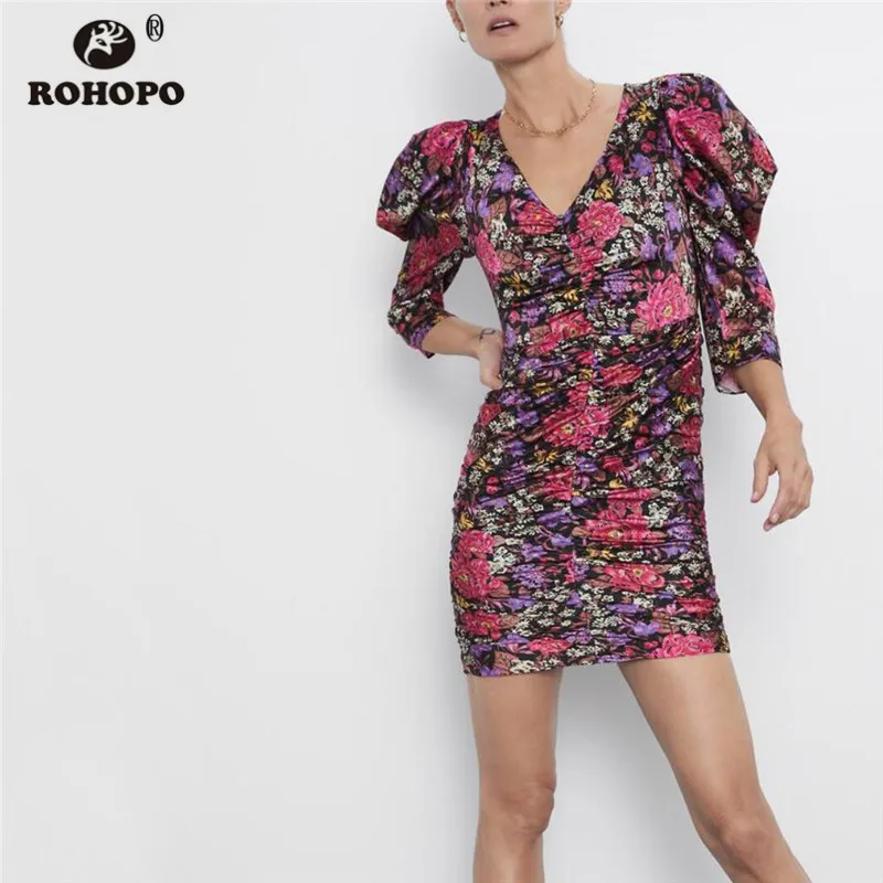 

ROHOPO Puff Sleeve Autumn Floral Draped Cake Dress V Collar Back Zipper Closure Sheathe Printed Sexy Mini Party Vestido #9719