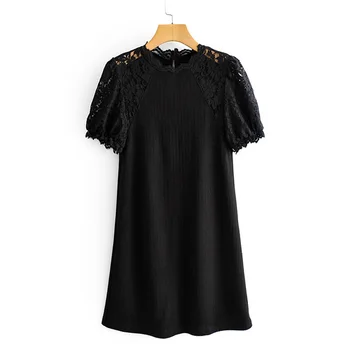 

Vintage Lace Sleeve Spliced Elastic Casual Women Fashion O Neck Dresses Dress Elegant Ladies Batwing Sleeve Mini Dresses