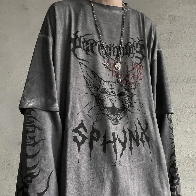 Punk Cat T Shirt Streetwear Cool Patchwork Tshirt Harajuku Summer Tops Tees Spring Long Sleeve High Street Loose Japan T-Shirt Punk Cat T Shirt Streetwear Cool Patchwork Tshirt Harajuku Summer Tops Tees Spring Long Sleeve High Street Loose Japan T-Shirt