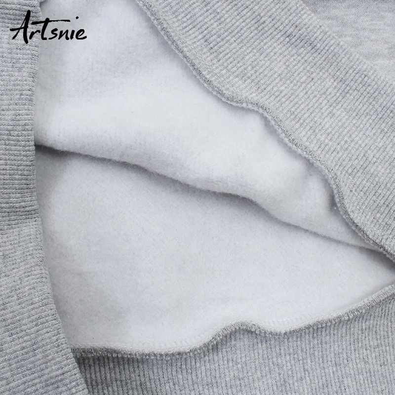Artsnie мультфильм вышивка серый женский свитер О-образный вырез с длинным рукавом махровые негабаритных толстовки зима уличная Толстовка