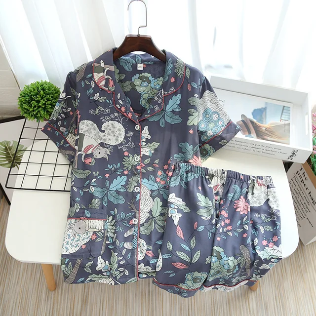 summer new women's pajamas thin section short-sleeved shorts large floral print pajamas home service ladies pajamas for women 11