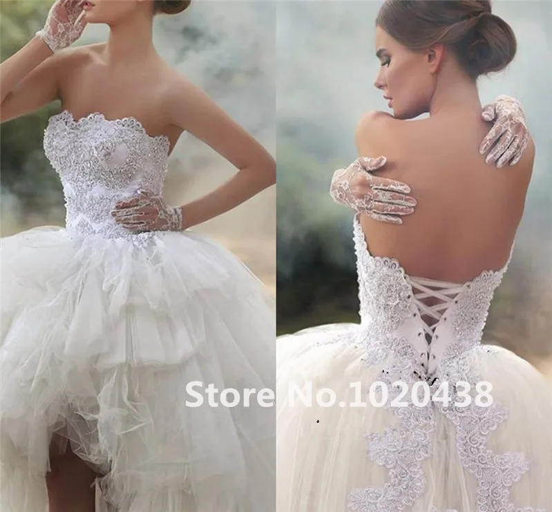 

Strapless Applique Beaded Hi Lo Ruffled Puffy Short Front Long Back Summer Style Bridal Gown vestido de noiva bridesmaid dresses