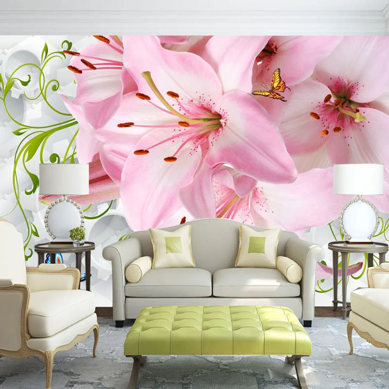 

Drop Shipping Custom Mural Wallpaper Modern 3D Non-woven Soft Case Lily Flower Butterfly Sofa TV Background Photo Wallpaper